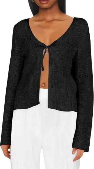 Saodimallsu Womens Summer Crochet Lightweight Cardigans Tie Front Mesh Knit Long Sleeve Casual V Neck Beach Cover Ups
