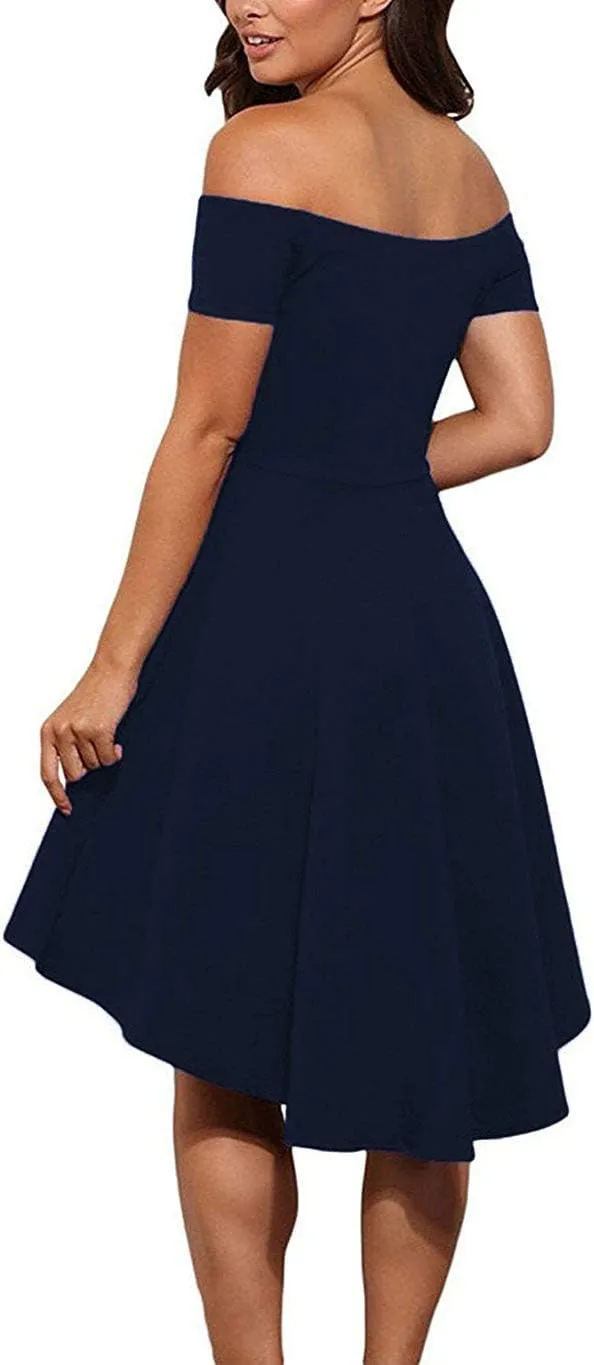 Sarin Mathews Womens Off The Shoulder Short Sleeve High Low Cocktail Skater Dress