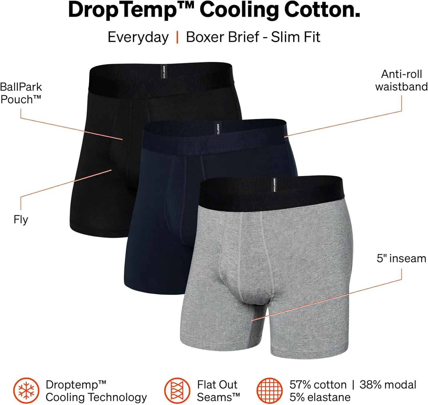SAXX Underwear Co. Men's Underwear with Pouch Droptemp Cooling Cotton Boxer Brief 3Pk