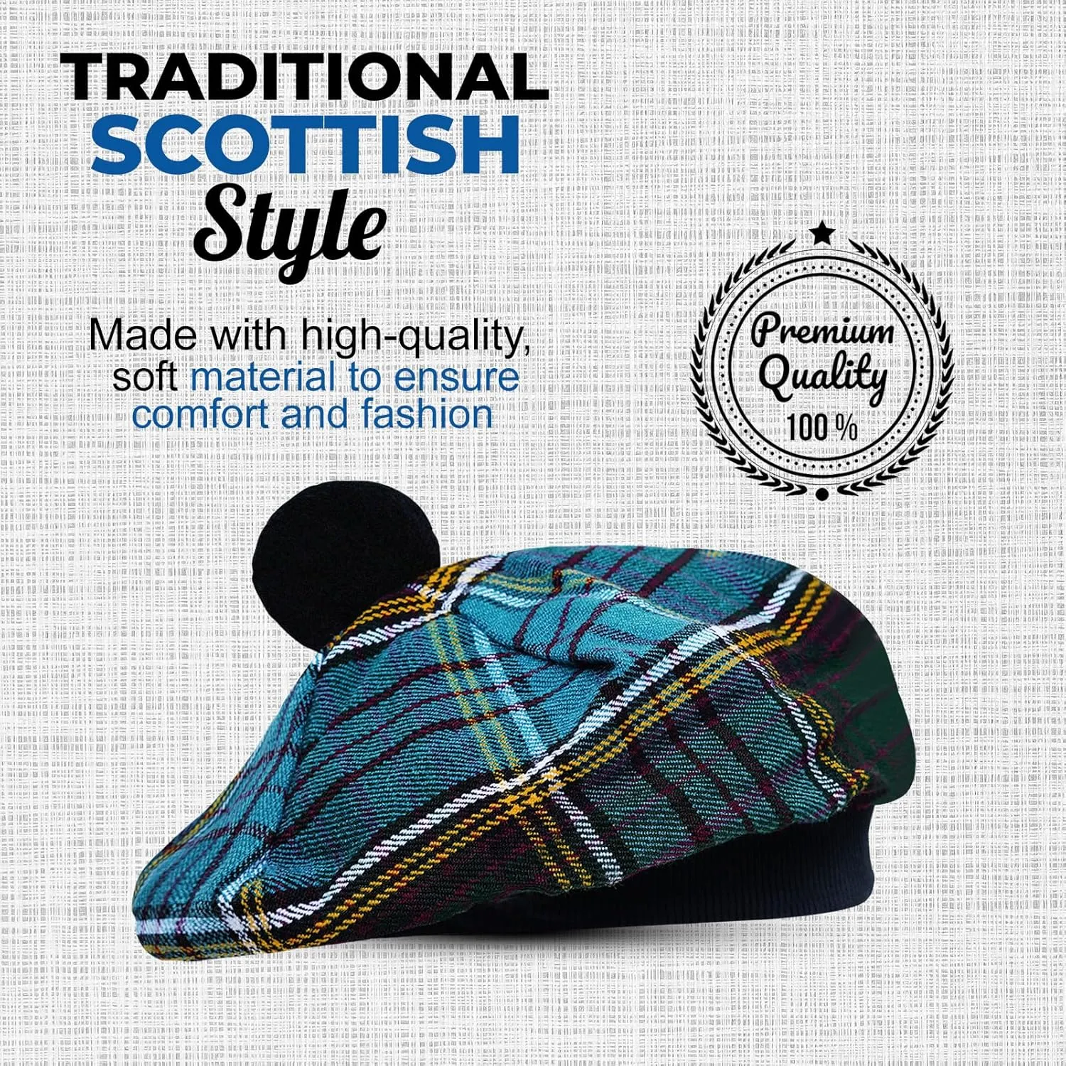 Scottish Traditional Tam o' Shatner Acrylic Wool Tammy Hat Flat Bonnet Kilt Many Tartans