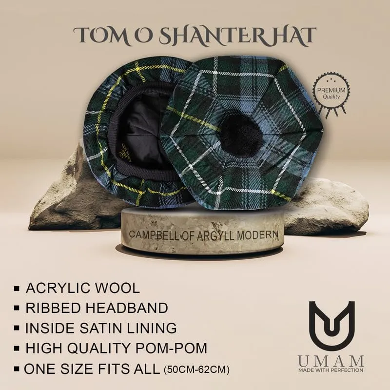 Scottish Traditional Tam o' Shatner Acrylic Wool Tammy Hat Flat Bonnet Kilt Many Tartans