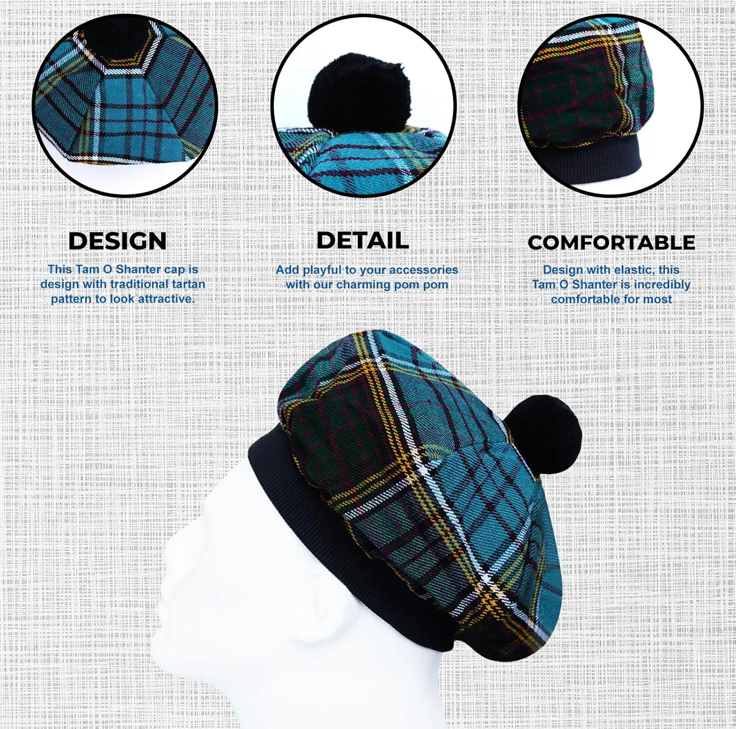 Scottish Traditional Tam o' Shatner Acrylic Wool Tammy Hat Flat Bonnet Kilt Many Tartans