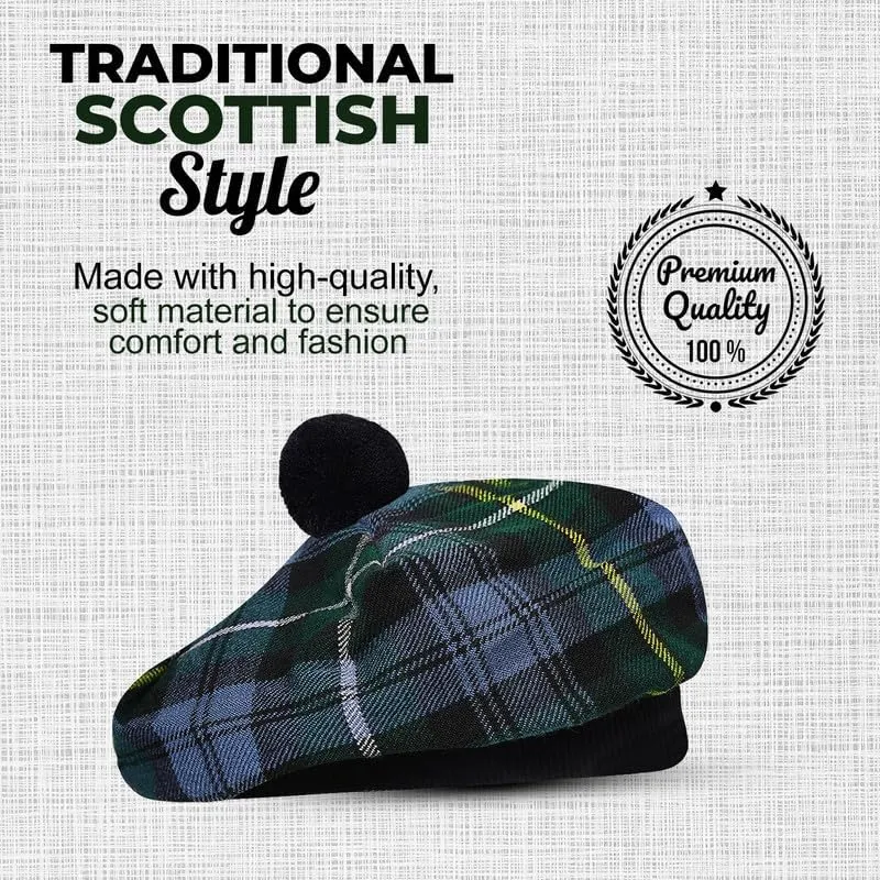 Scottish Traditional Tam o' Shatner Acrylic Wool Tammy Hat Flat Bonnet Kilt Many Tartans