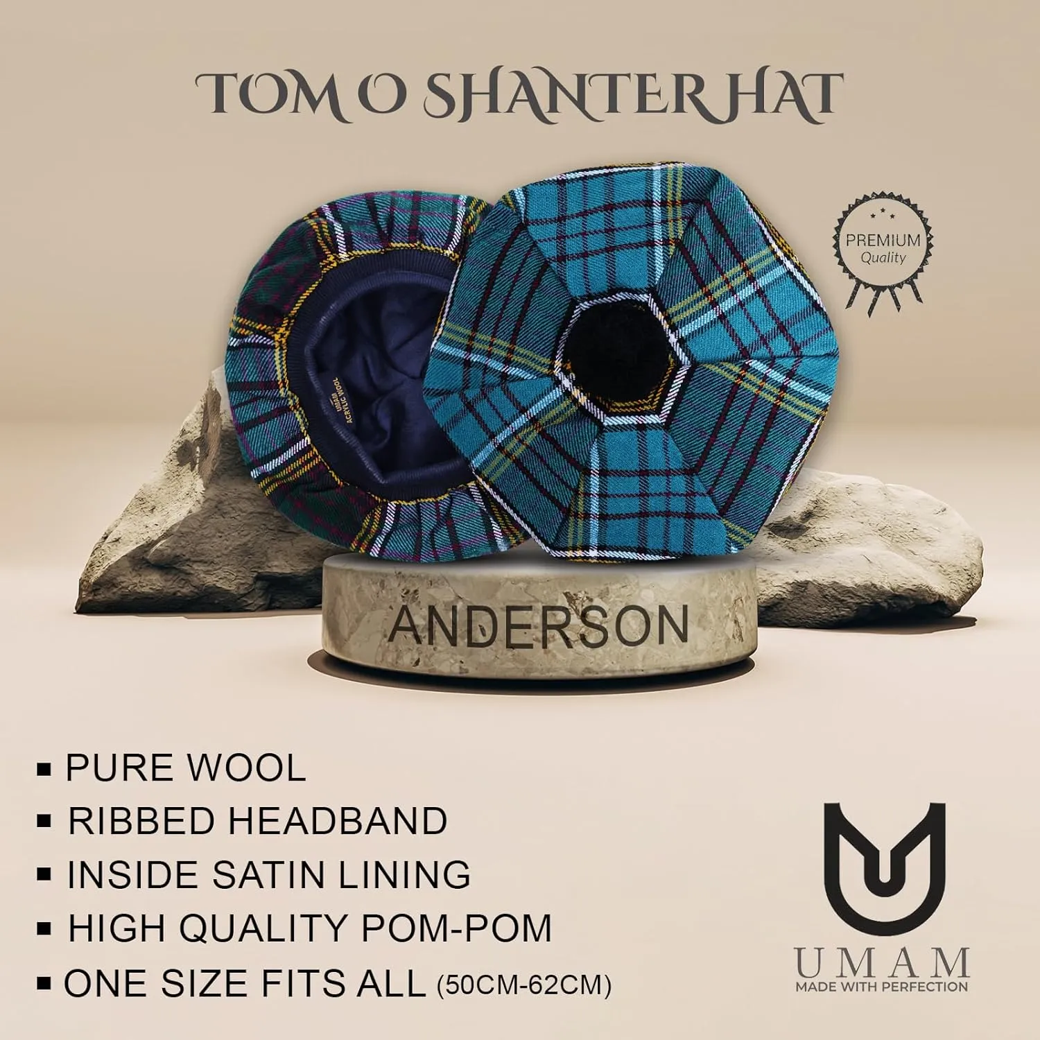 Scottish Traditional Tam o' Shatner Acrylic Wool Tammy Hat Flat Bonnet Kilt Many Tartans