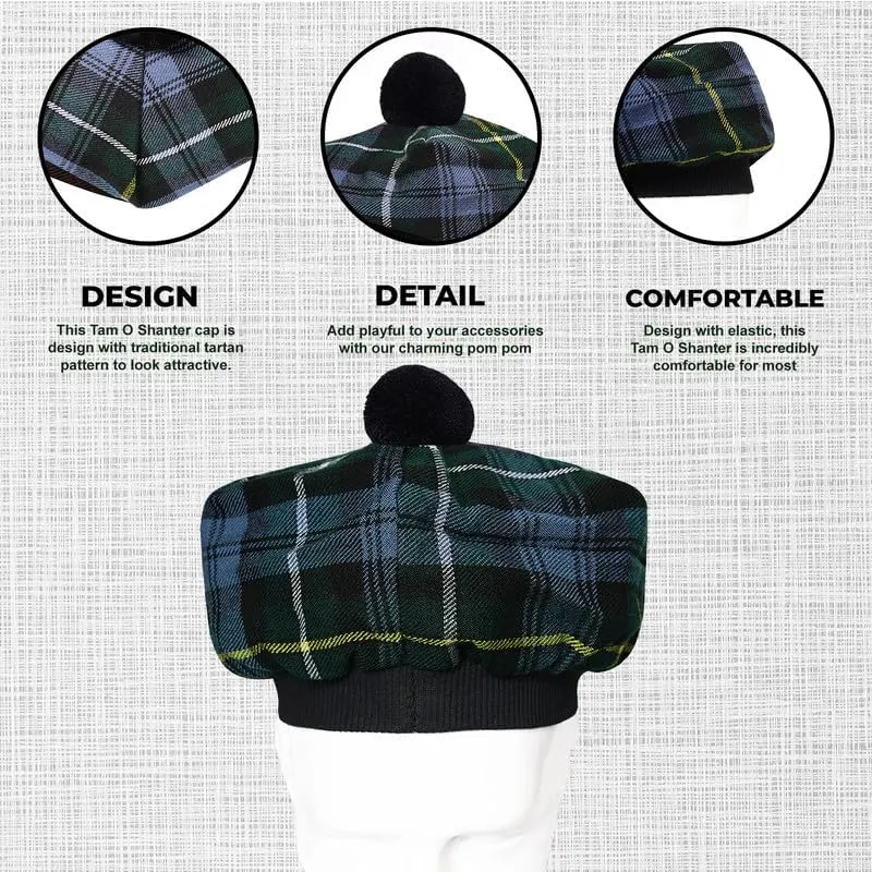 Scottish Traditional Tam o' Shatner Acrylic Wool Tammy Hat Flat Bonnet Kilt Many Tartans
