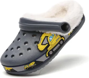 SECHRITE Kids Fur Lined Clogs Garden Shoes for Boys Girls Toddler Cartoon Sandals with Removable Fleece Lined Winter Warm Indoor Outdoor Home Slippers Non-Slip Sole