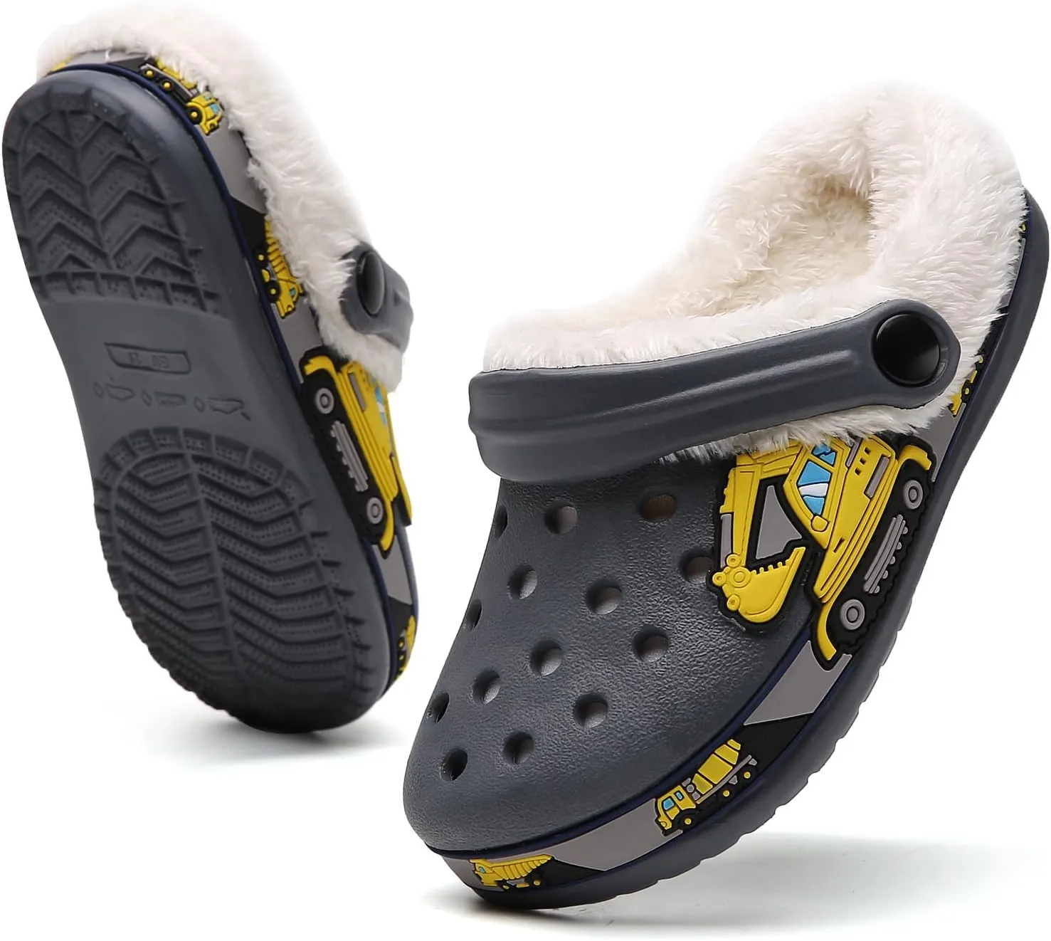 SECHRITE Kids Fur Lined Clogs Garden Shoes for Boys Girls Toddler Cartoon Sandals with Removable Fleece Lined Winter Warm Indoor Outdoor Home Slippers Non-Slip Sole