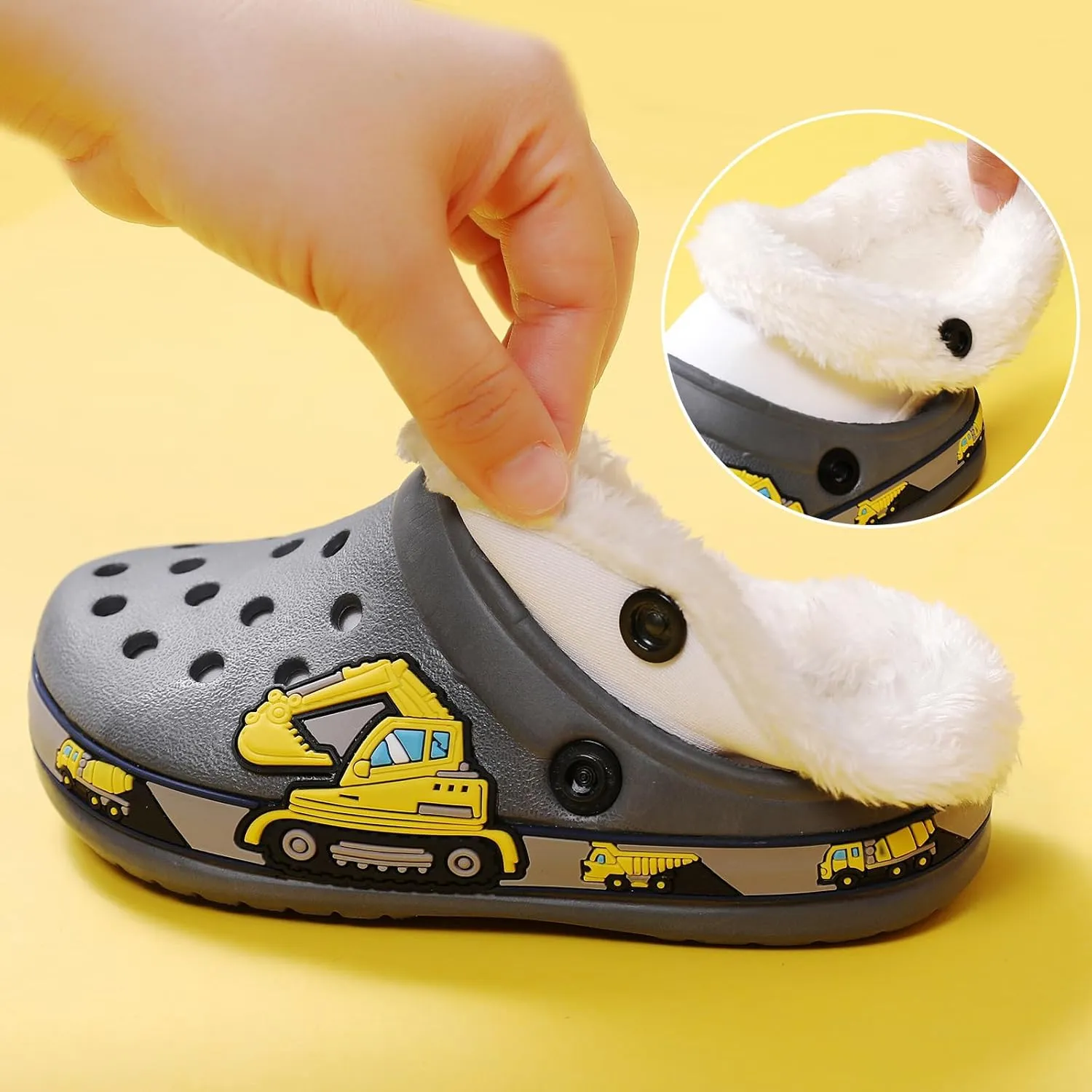 SECHRITE Kids Fur Lined Clogs Garden Shoes for Boys Girls Toddler Cartoon Sandals with Removable Fleece Lined Winter Warm Indoor Outdoor Home Slippers Non-Slip Sole