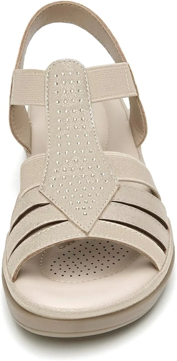 SelenePair Women's Flat Sandals Elastic Straps Rhinestone Arch Support Lightweight Slides Comfortable Casual Walking Shoes
