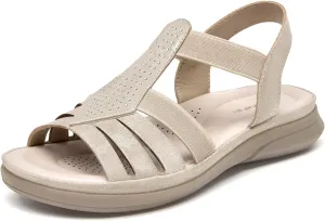 SelenePair Women's Flat Sandals Elastic Straps Rhinestone Arch Support Lightweight Slides Comfortable Casual Walking Shoes