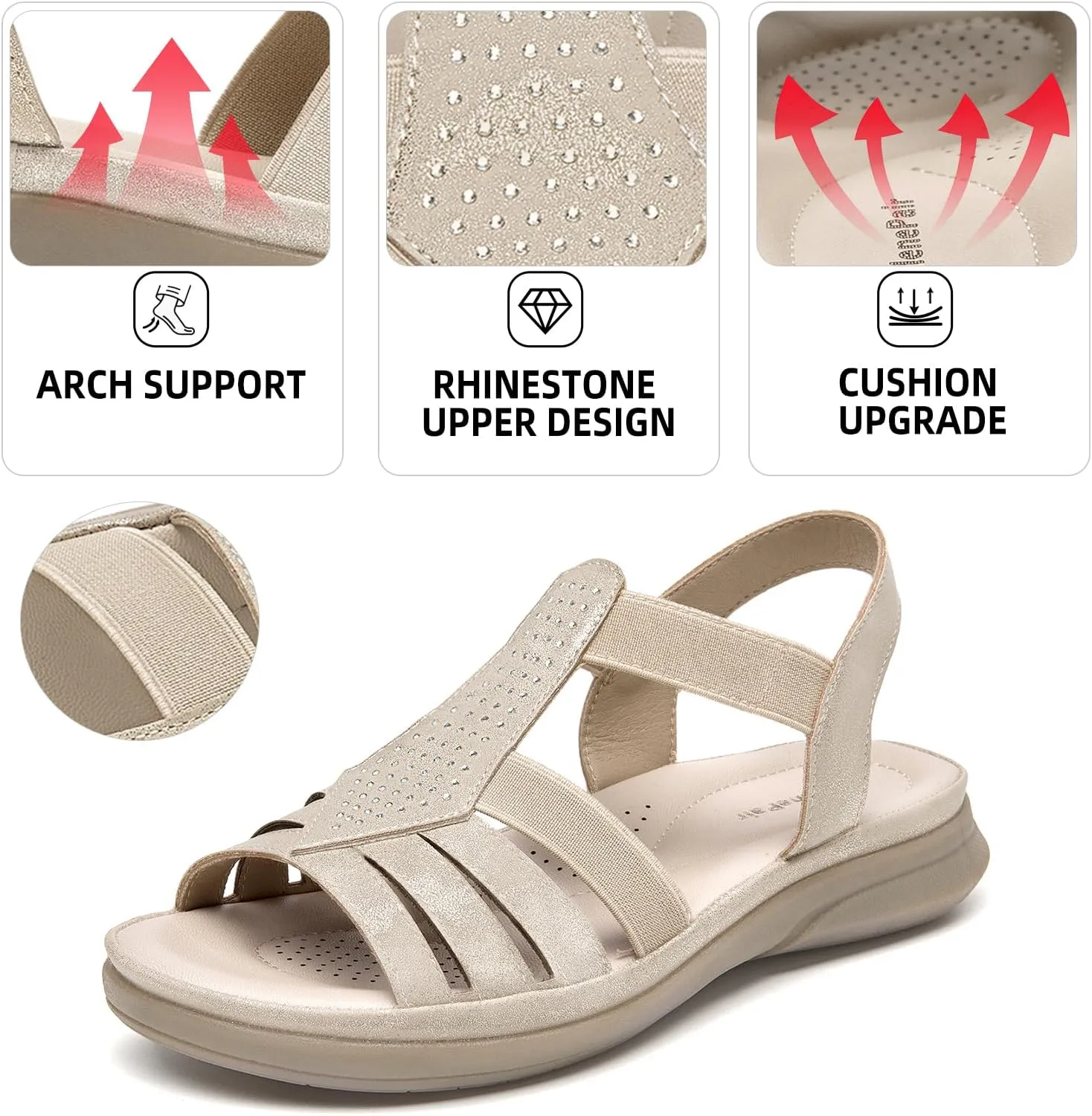 SelenePair Women's Flat Sandals Elastic Straps Rhinestone Arch Support Lightweight Slides Comfortable Casual Walking Shoes
