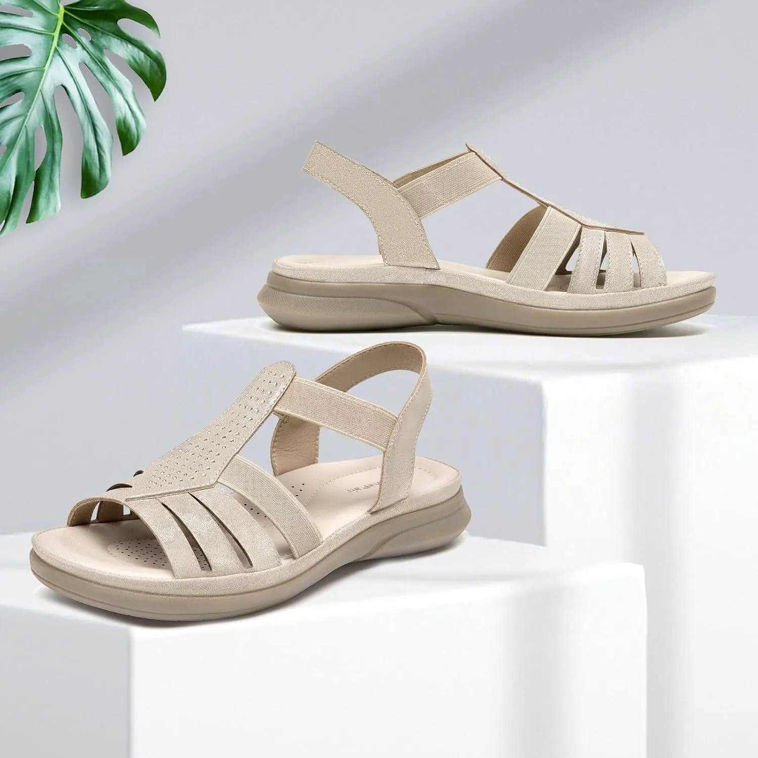 SelenePair Women's Flat Sandals Elastic Straps Rhinestone Arch Support Lightweight Slides Comfortable Casual Walking Shoes