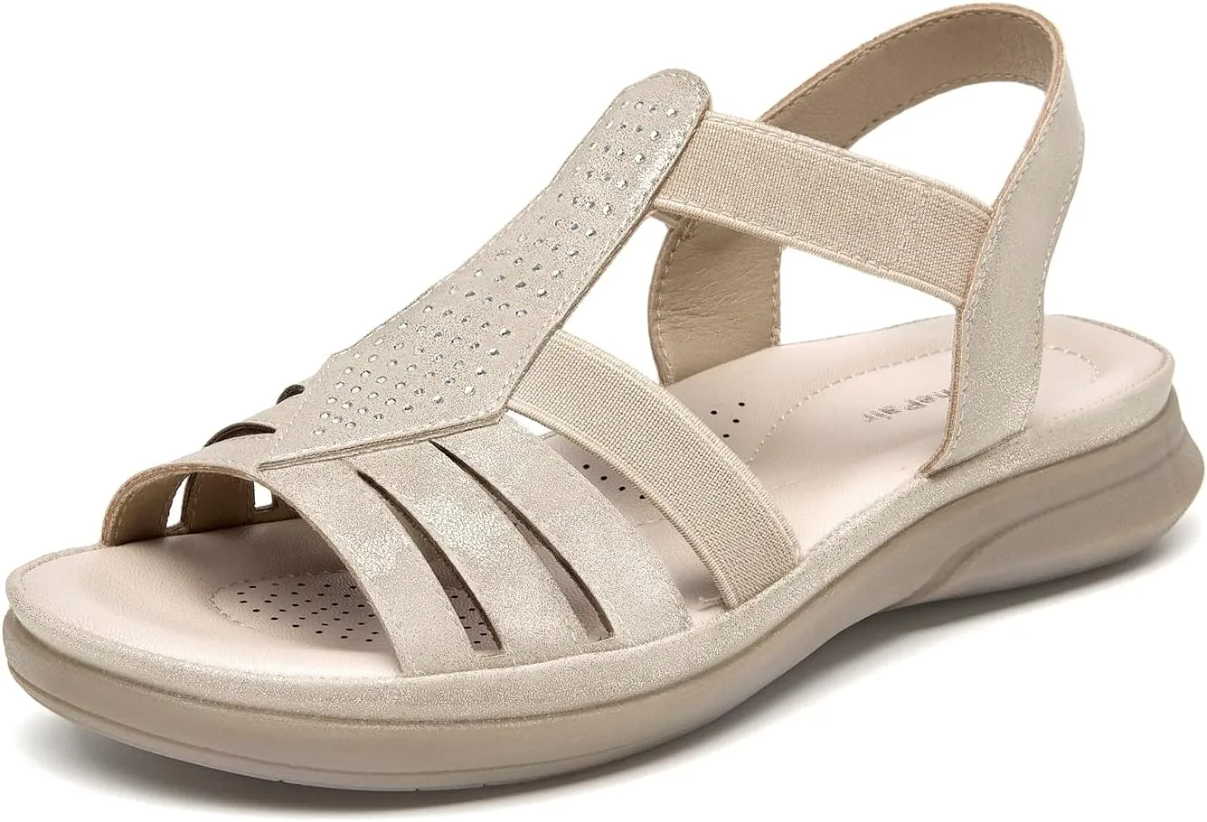 SelenePair Women's Flat Sandals Elastic Straps Rhinestone Arch Support Lightweight Slides Comfortable Casual Walking Shoes