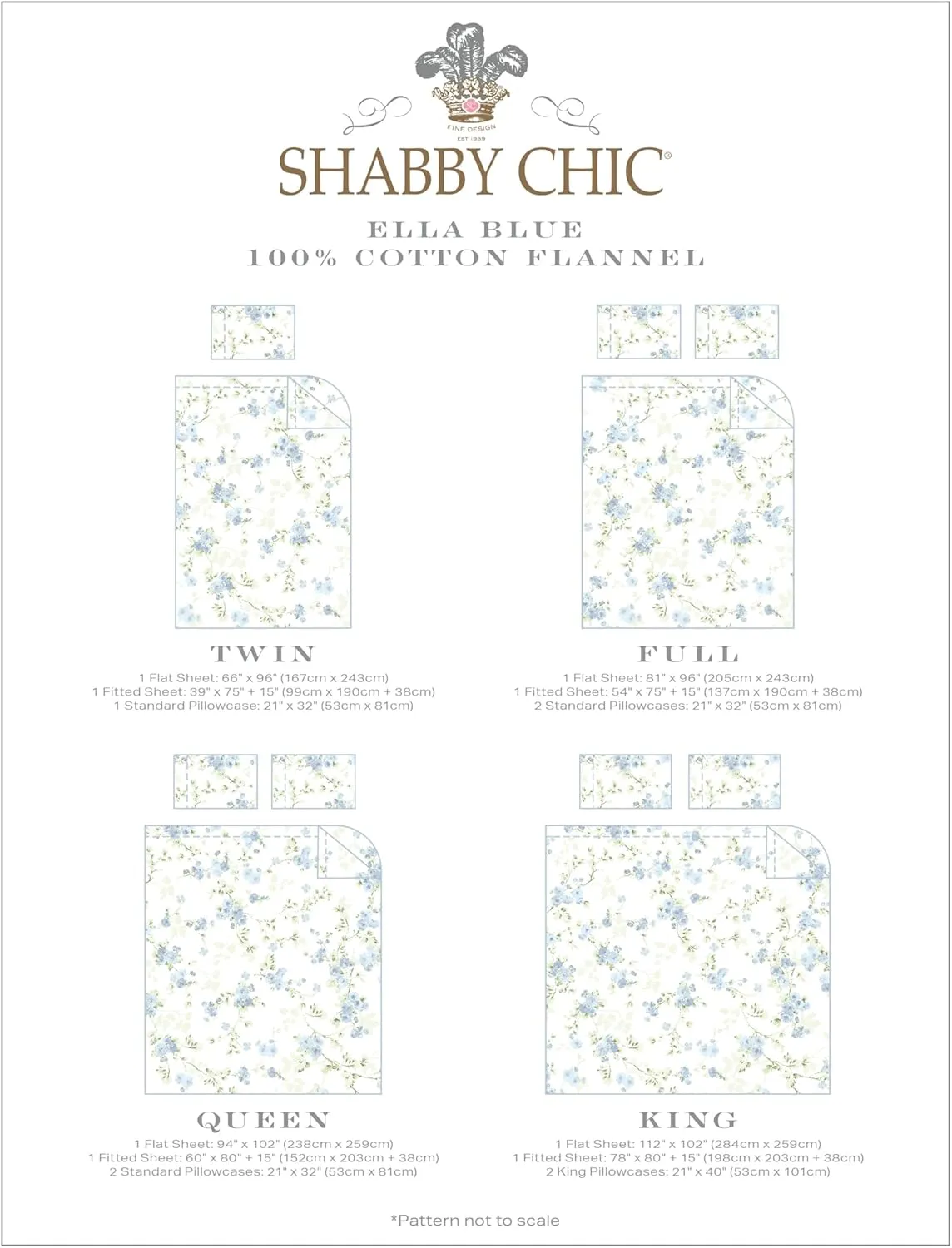 Shabby Chic® - Queen Sheets, Cotton Flannel Bedding Set, Warm & Cozy Home Decor (Ella Blue, Queen)
