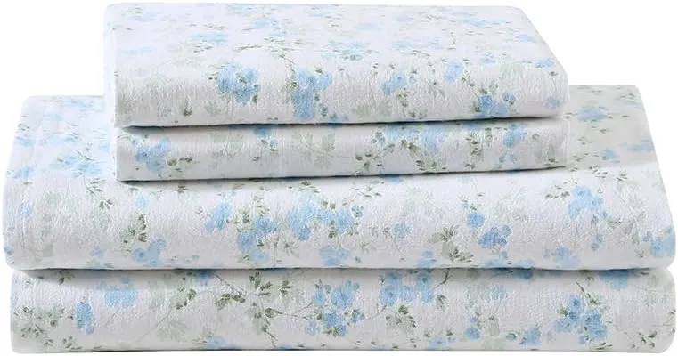 Shabby Chic® - Queen Sheets, Cotton Flannel Bedding Set, Warm & Cozy Home Decor (Ella Blue, Queen)