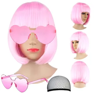 Short Bob Hair Wigs Straight with Flat Bangs Synthetic Colorful Cosplay Daily Party Neon Wig for Women   Free Wig Cap 12" Natural As Real (Cute Pink)
