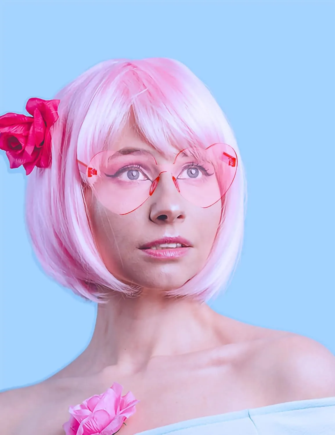 Short Bob Hair Wigs Straight with Flat Bangs Synthetic Colorful Cosplay Daily Party Neon Wig for Women   Free Wig Cap 12" Natural As Real (Cute Pink)