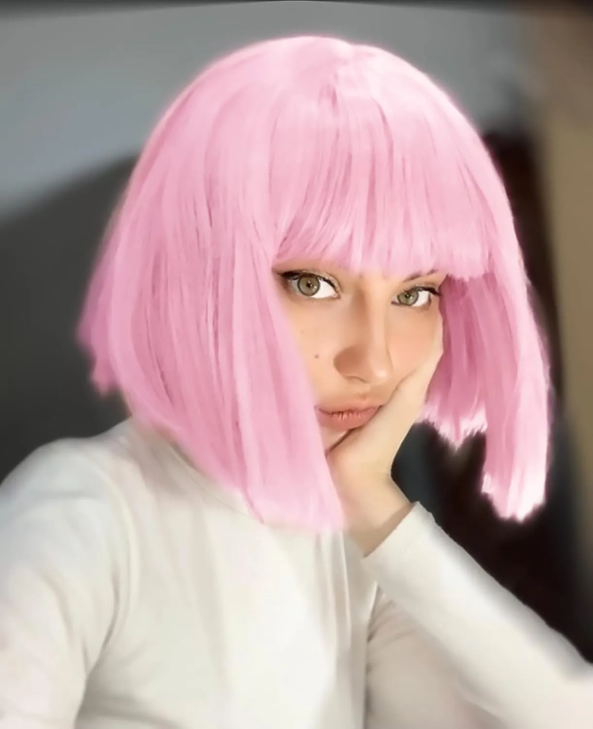 Short Bob Hair Wigs Straight with Flat Bangs Synthetic Colorful Cosplay Daily Party Neon Wig for Women   Free Wig Cap 12" Natural As Real (Cute Pink)
