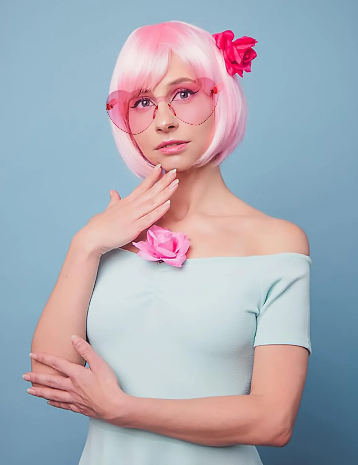 Short Bob Hair Wigs Straight with Flat Bangs Synthetic Colorful Cosplay Daily Party Neon Wig for Women   Free Wig Cap 12" Natural As Real (Cute Pink)