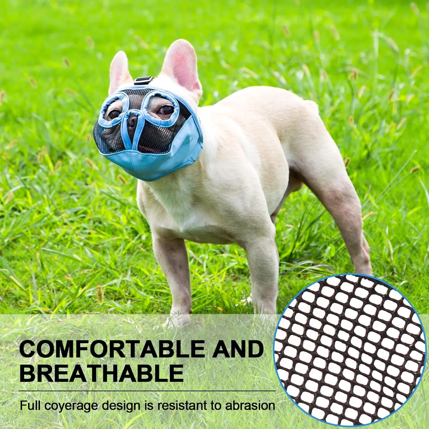 Short Snout Dog Muzzles- Adjustable Breathable Mesh Bulldog Muzzle for Biting Chewing Licking Training Grooming Dog Mask (Blue(Eyehole), Small/9"-12")
