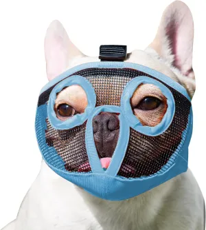 Short Snout Dog Muzzles- Adjustable Breathable Mesh Bulldog Muzzle for Biting Chewing Licking Training Grooming Dog Mask (Blue(Eyehole), Small/9"-12")