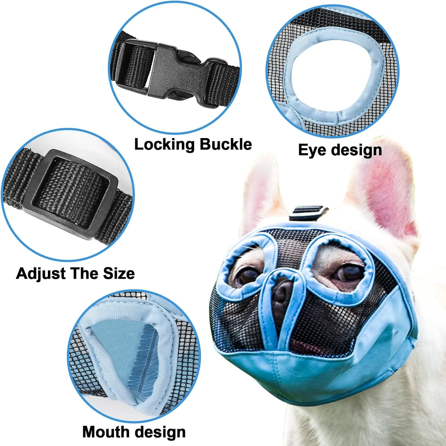 Short Snout Dog Muzzles- Adjustable Breathable Mesh Bulldog Muzzle for Biting Chewing Licking Training Grooming Dog Mask (Blue(Eyehole), Small/9"-12")