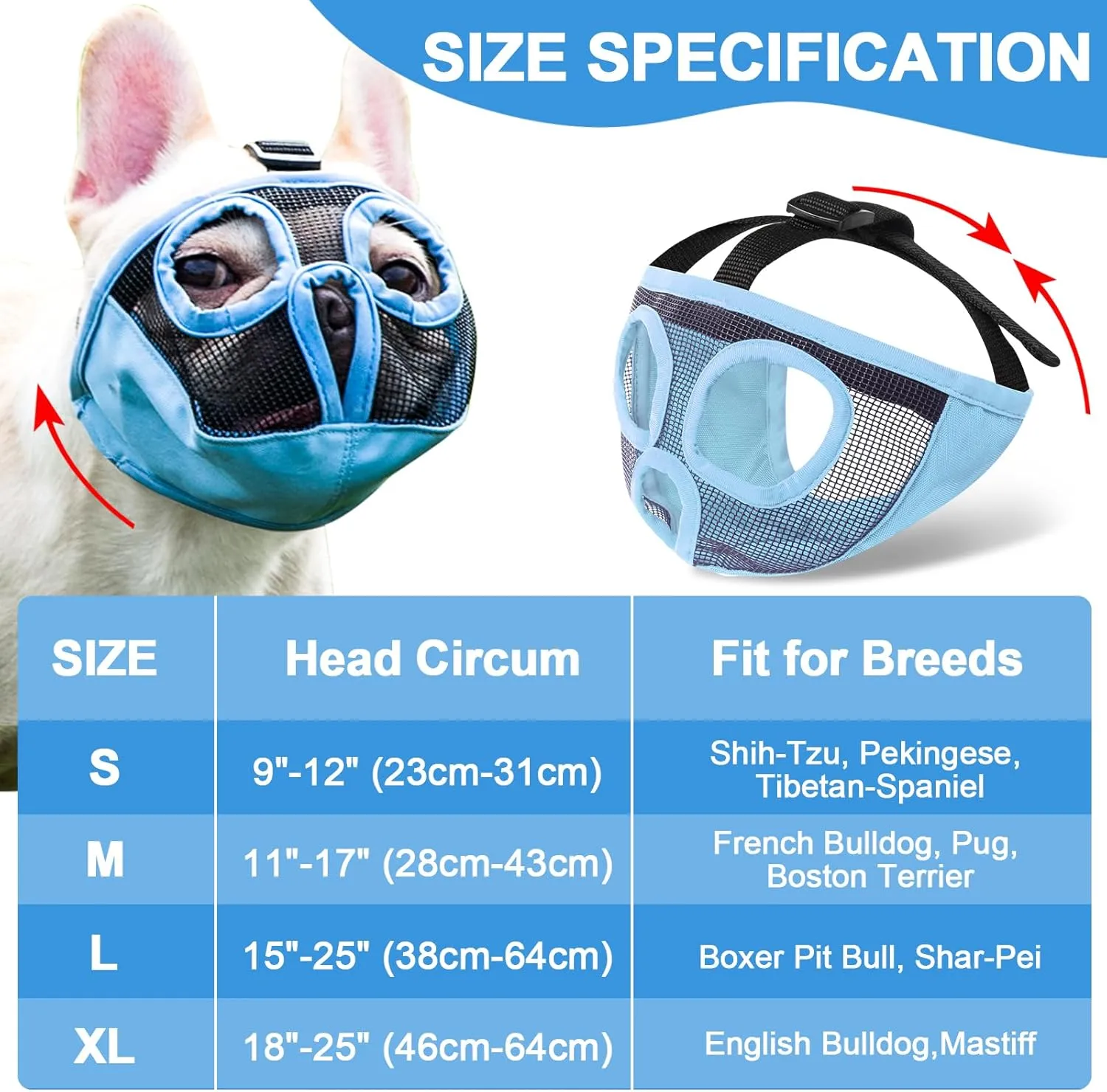 Short Snout Dog Muzzles- Adjustable Breathable Mesh Bulldog Muzzle for Biting Chewing Licking Training Grooming Dog Mask (Blue(Eyehole), Small/9"-12")
