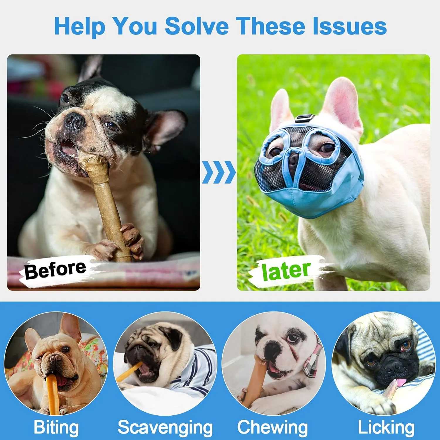 Short Snout Dog Muzzles- Adjustable Breathable Mesh Bulldog Muzzle for Biting Chewing Licking Training Grooming Dog Mask (Blue(Eyehole), Small/9"-12")