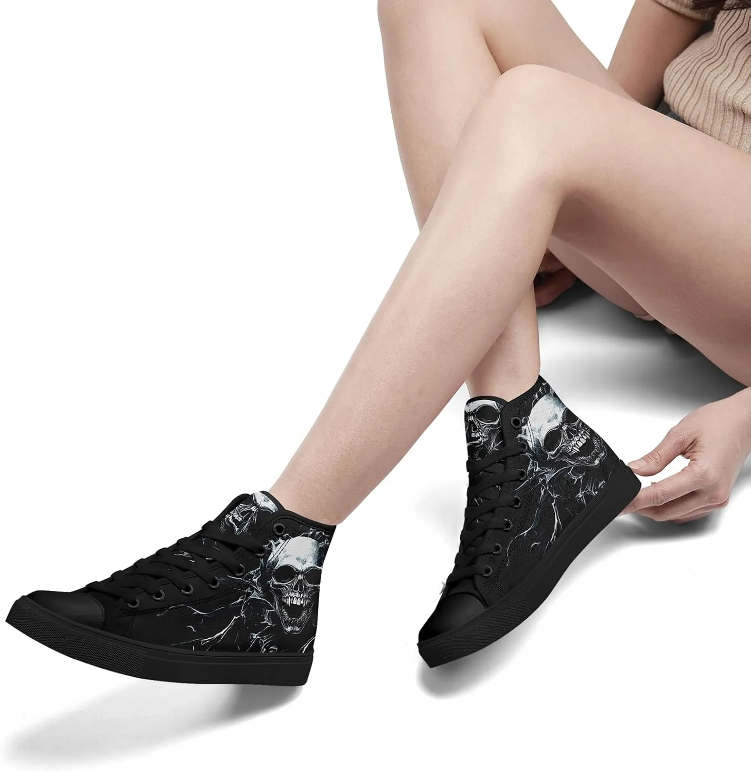 Skull Shoes High Top Canvas Sneakers for Men Women Classic Lace up Casual Trainers Plimsoles Flat Shoes Gothic Walking Streetwear