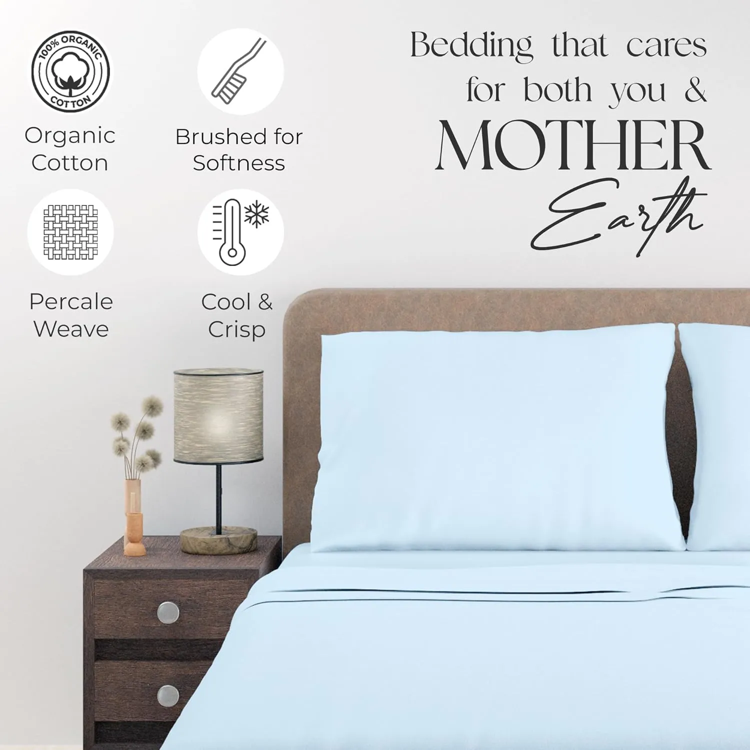 Sky Blue Sheet Set, Organic Cotton Deep Pockets Sheets for Queen Size Bed, Percale Sheets, Lightweight & Breathable, Easy Fit, Cool & Crisp