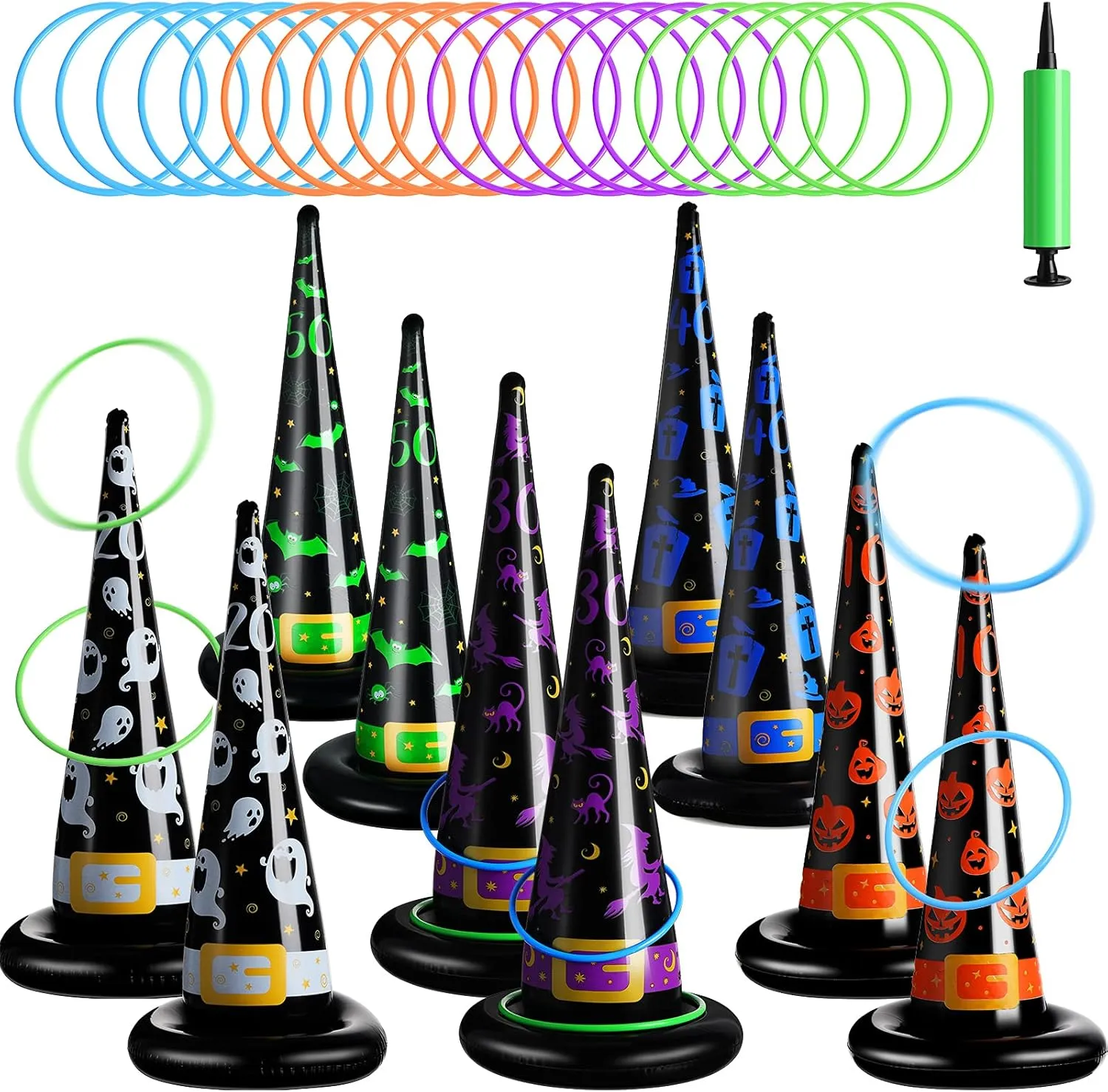 Skylety 31 Pcs Halloween Party Games Inflatable Witch Hat Ring Toss Game Including 10 Pcs Inflatable Witch Hats 20 Pcs Plastic Ring Toss for Carnival Halloween Party Favor Indoors Outdoor Game