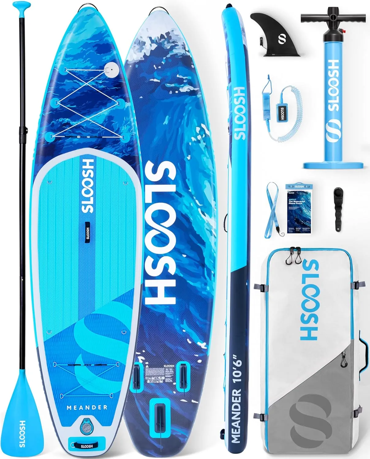 SLOOSH Inflatable Stand Up Paddle Board, 10'6" Inflatable Paddle Boards with Premium Accessories, Non-Slip EVA Deck, Ultra-Light Carry Bag Pump, Meander SUP for Youth & Adults