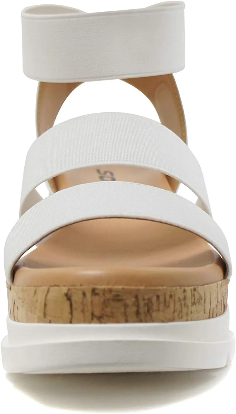 Soda Style Madyson ~ Slip On Open Toe Two Bands Elastic Ankle Strap Flatform Wedge Casual Fashion Sandal with Cork Wrap Bottom