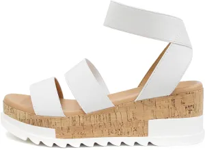 Soda Style Madyson ~ Slip On Open Toe Two Bands Elastic Ankle Strap Flatform Wedge Casual Fashion Sandal with Cork Wrap Bottom