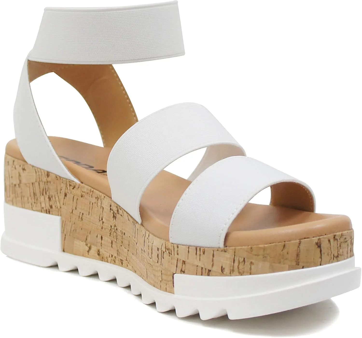 Soda Style Madyson ~ Slip On Open Toe Two Bands Elastic Ankle Strap Flatform Wedge Casual Fashion Sandal with Cork Wrap Bottom