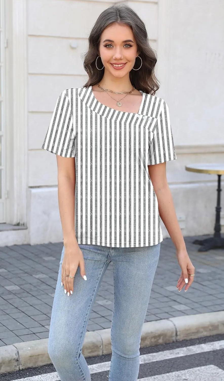 Soesdemo Womens Summer Tops Asymmetrical Neck Short Sleeve Button Dressy Casual Lightweight Tunic T Shirts Blouse