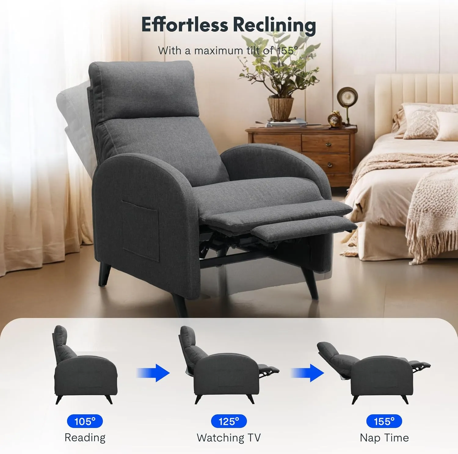 Softa Recliner Chair for Adults, Small Fabric Reclining Chair with Side Pockets, Adjustable Home Theater Seating Modern Armchair with Extended Footrest for Living Room, Gray