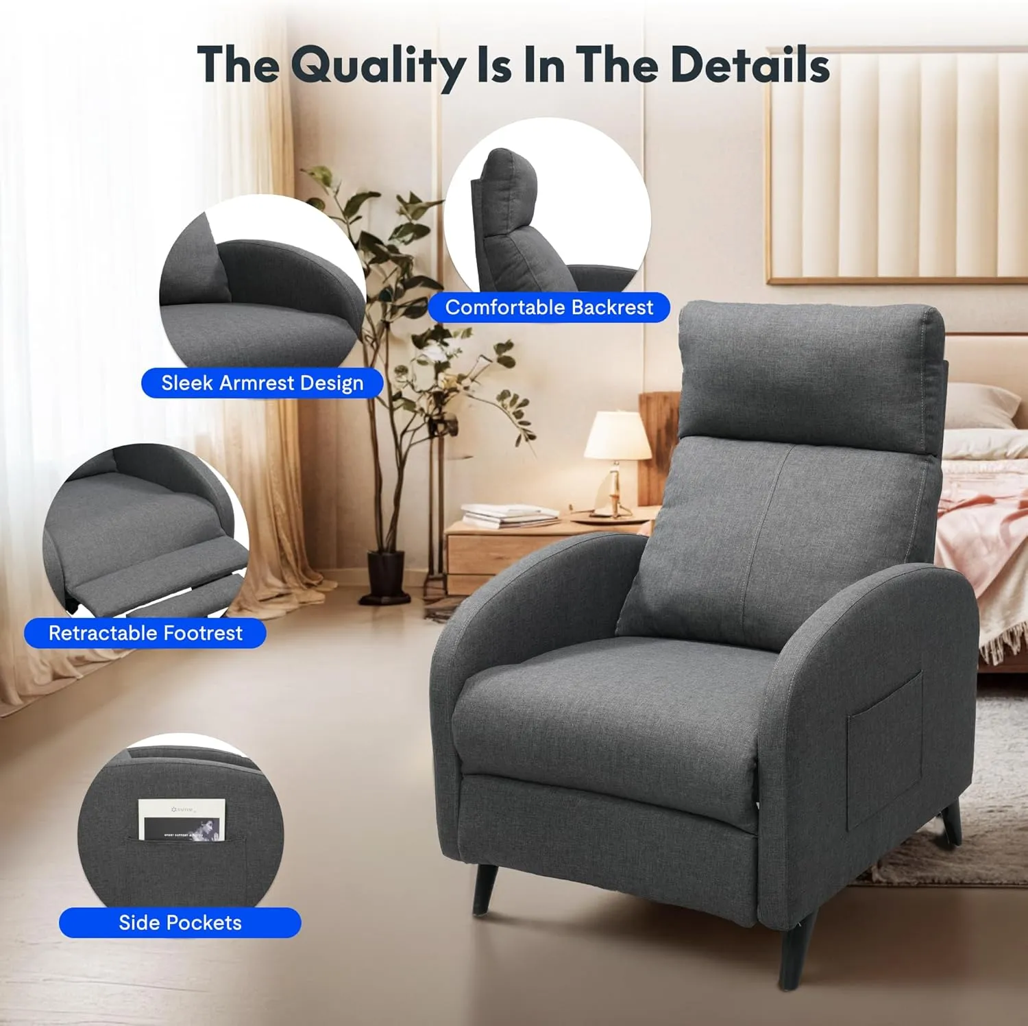 Softa Recliner Chair for Adults, Small Fabric Reclining Chair with Side Pockets, Adjustable Home Theater Seating Modern Armchair with Extended Footrest for Living Room, Gray