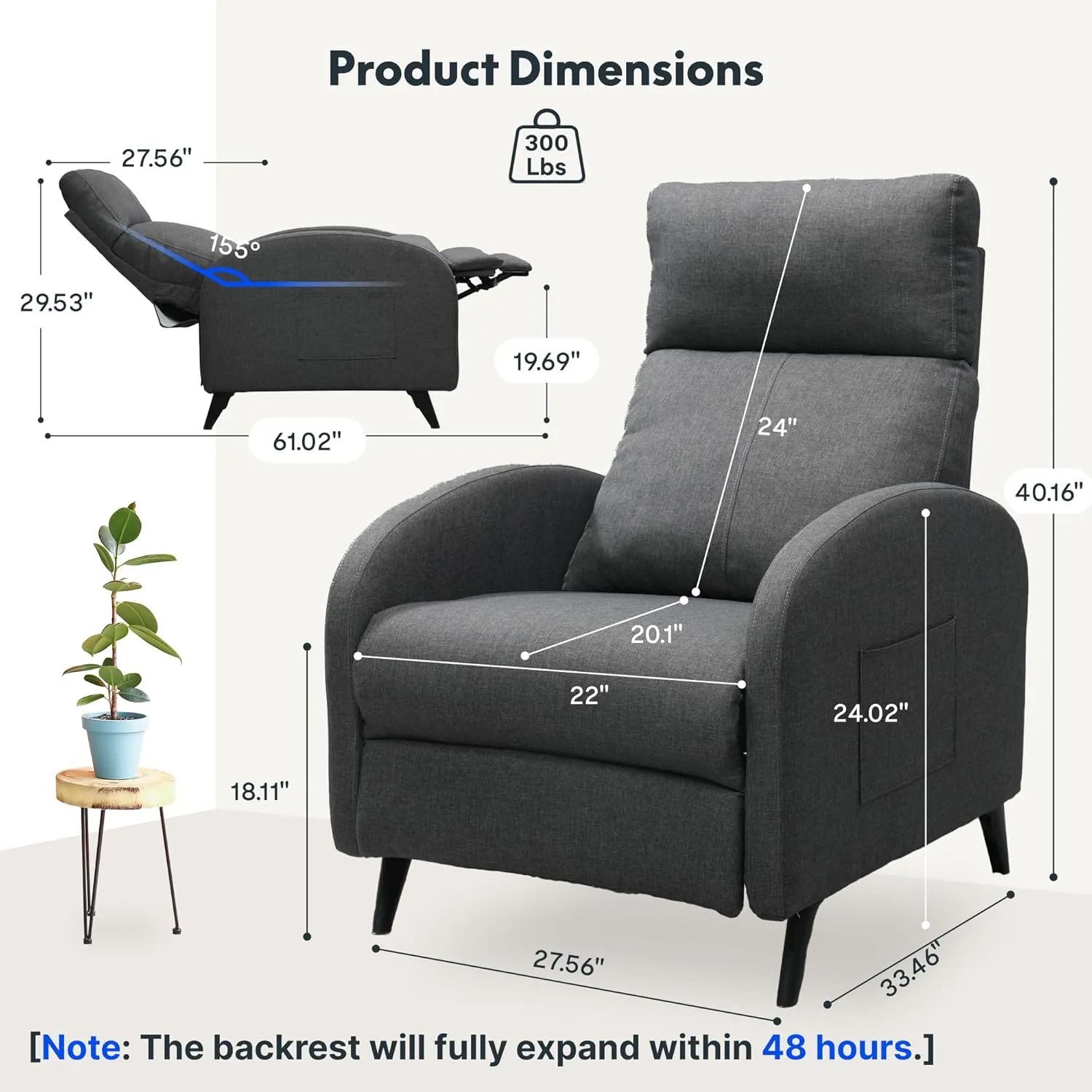 Softa Recliner Chair for Adults, Small Fabric Reclining Chair with Side Pockets, Adjustable Home Theater Seating Modern Armchair with Extended Footrest for Living Room, Gray