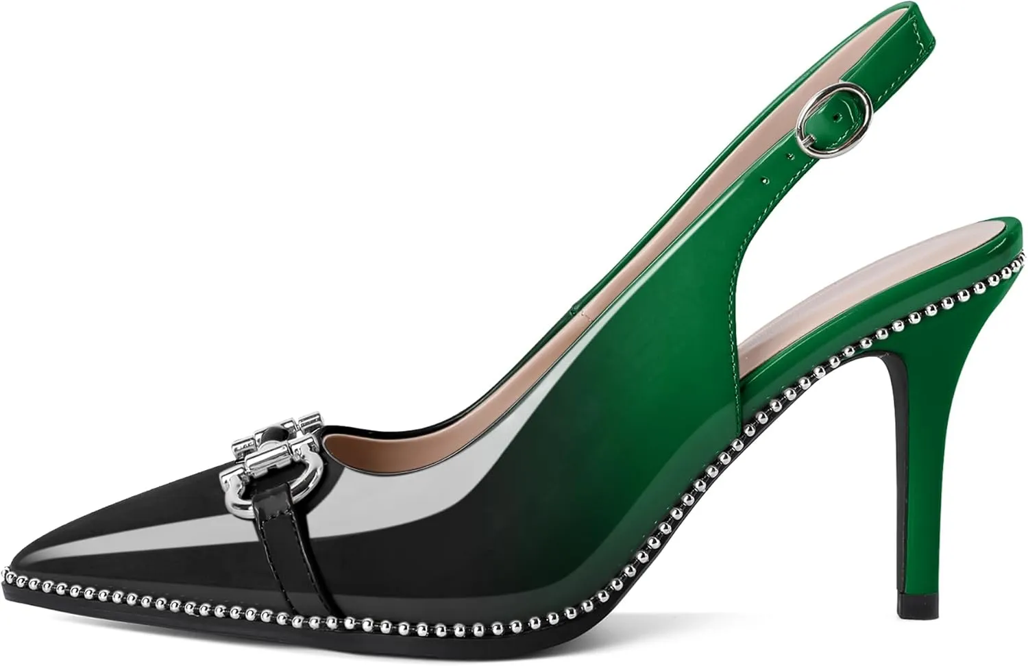 Soireelady Women Beaded Pumps High Heel Slingback Pointed Toe Slip On Stilettos Ankle Strap Adjustable Buckle 3.5 Inch Dress Shoes Patent Leather