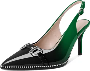 Soireelady Women Beaded Pumps High Heel Slingback Pointed Toe Slip On Stilettos Ankle Strap Adjustable Buckle 3.5 Inch Dress Shoes Patent Leather