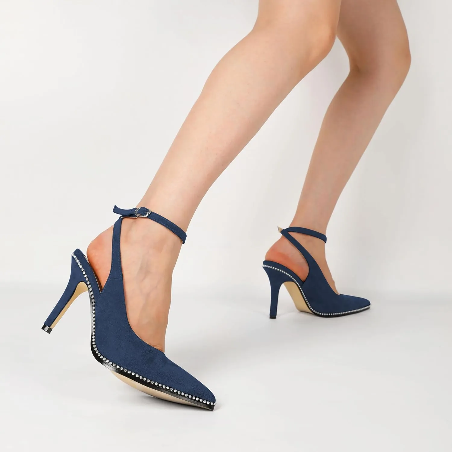 Soireelady Women Slingback High Heel Beaded Pumps Pointed Toe Stilettos Slip On Strappy Heels Ankle Strap Dress Pumps Shoes 3.5 Inches