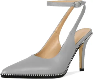 Soireelady Women Slingback High Heel Beaded Pumps Pointed Toe Stilettos Slip On Strappy Heels Ankle Strap Dress Pumps Shoes 3.5 Inches