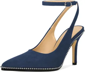 Soireelady Women Slingback High Heel Beaded Pumps Pointed Toe Stilettos Slip On Strappy Heels Ankle Strap Dress Pumps Shoes 3.5 Inches