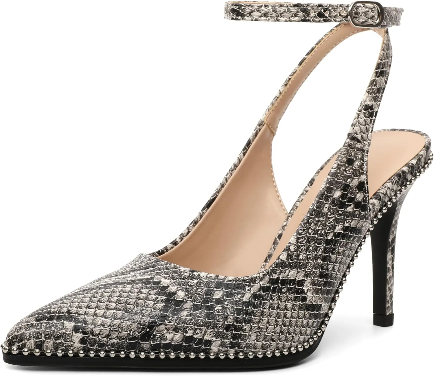 Soireelady Women's Slingback Heels Ankle Strap Pointed Toe Stilettos High Heel Beaded Pumps Dress Shoes 3.5 Inches