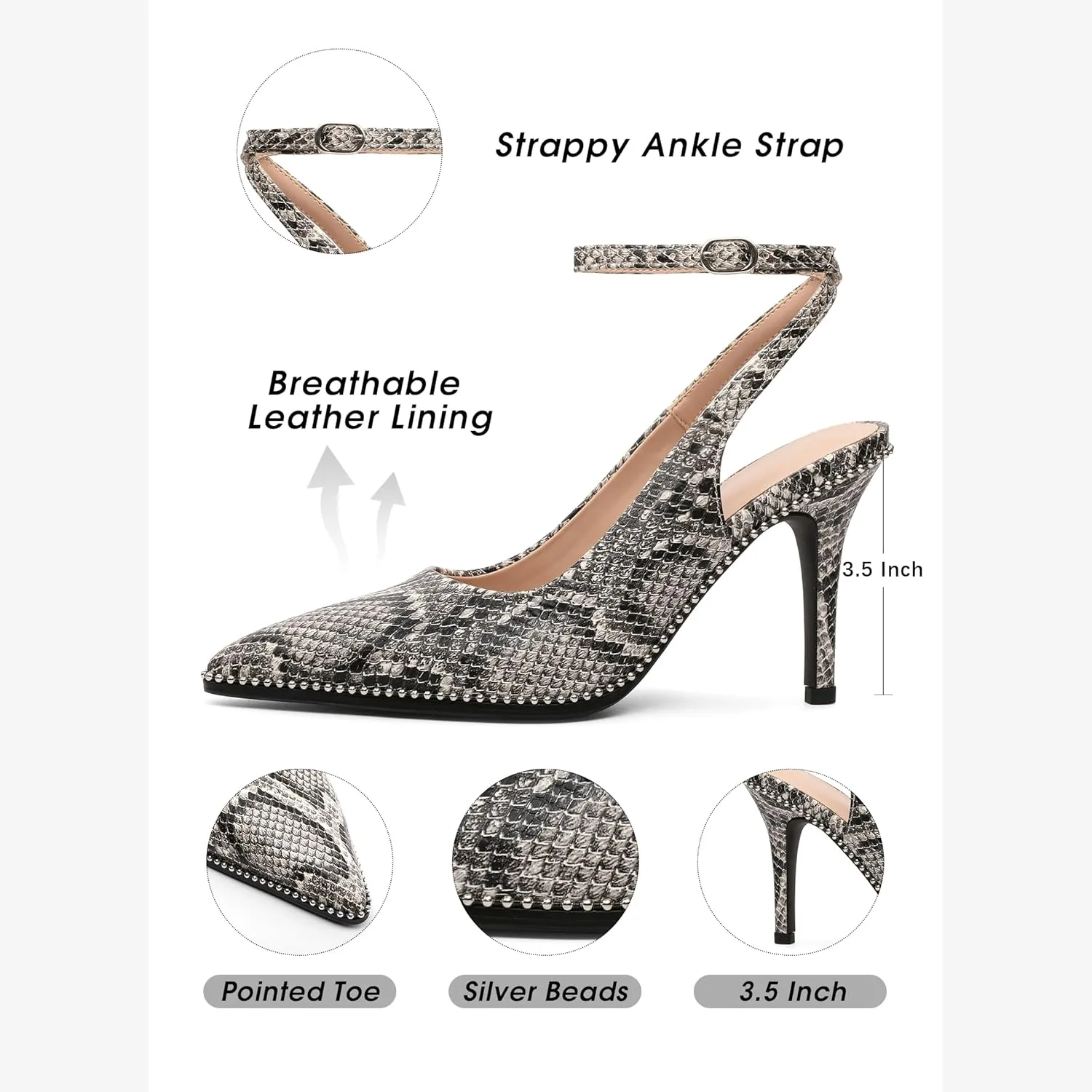 Soireelady Women's Slingback Heels Ankle Strap Pointed Toe Stilettos High Heel Beaded Pumps Dress Shoes 3.5 Inches