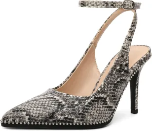 Soireelady Women's Slingback Heels Ankle Strap Pointed Toe Stilettos High Heel Beaded Pumps Dress Shoes 3.5 Inches