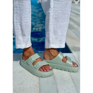 Sophia: Women's Double Buckle Two Strap Slides - Mint