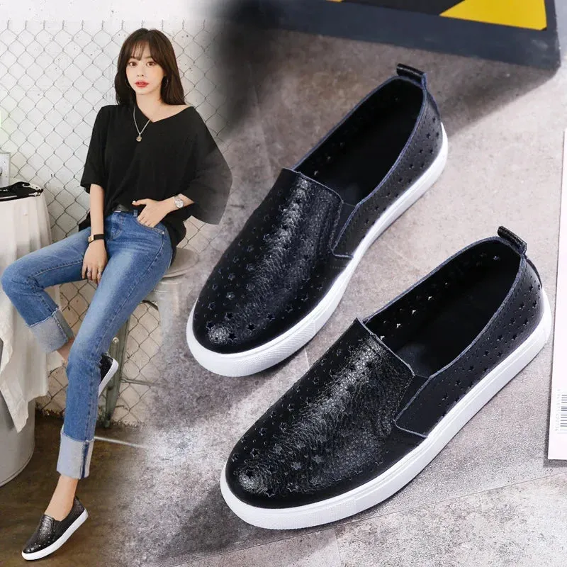 Spring/Summer Leather Loafers – Women's Breathable Hollow Slip-On