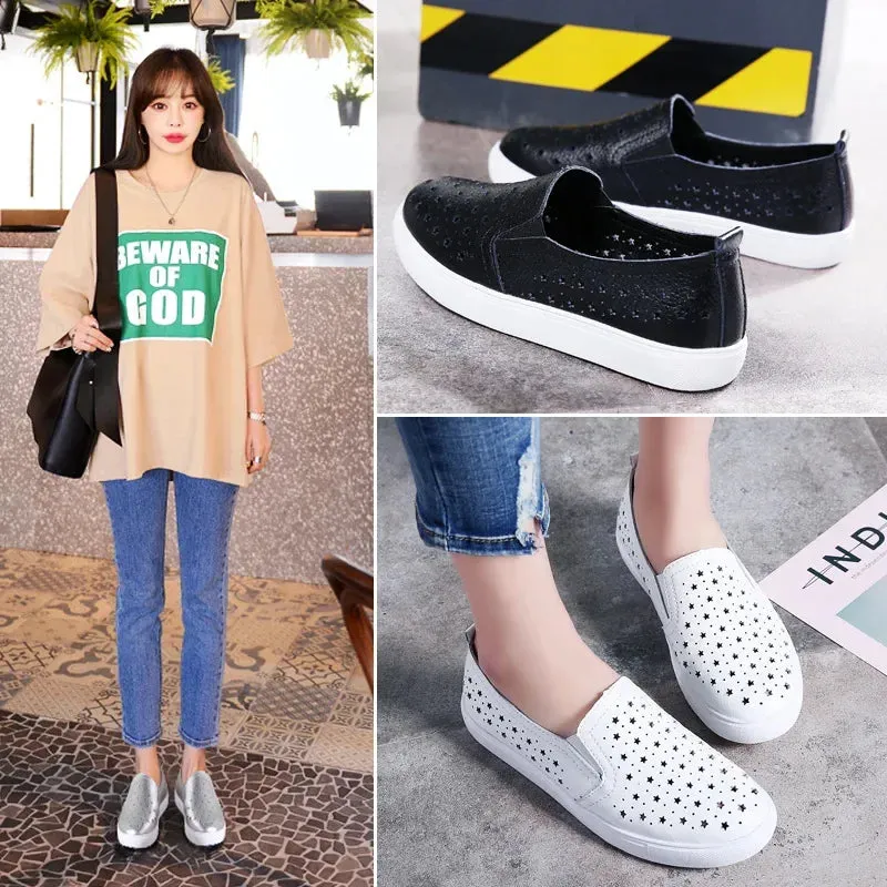 Spring/Summer Leather Loafers – Women's Breathable Hollow Slip-On